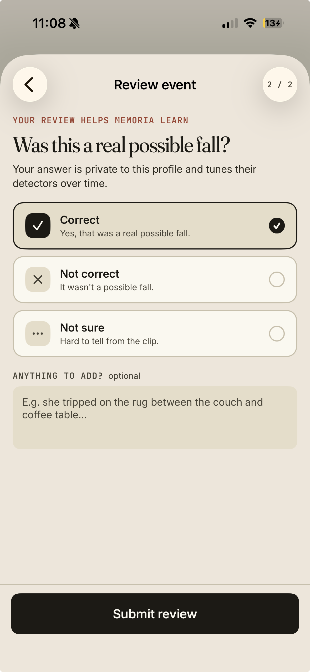 Reviewing whether the event was correct